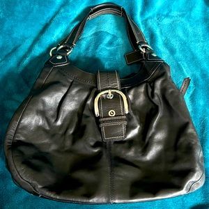 Coach Black Leather Shoulder Purse with Silver buckle and zipper